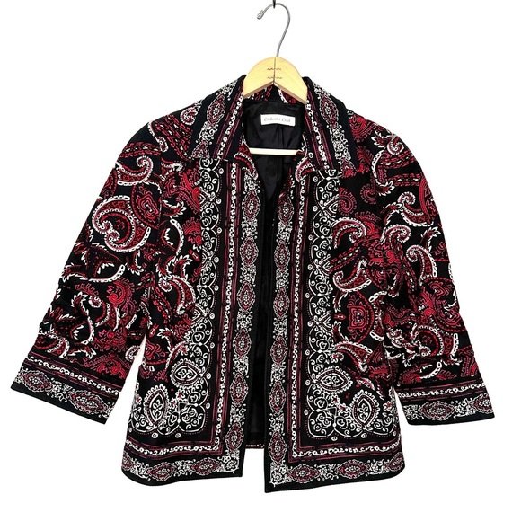 Coldwater Creek Jackets & Blazers - Coldwater Creek Black and Pink Paisley Scrunch Sleeve Open Blazer Jacket Size 6
